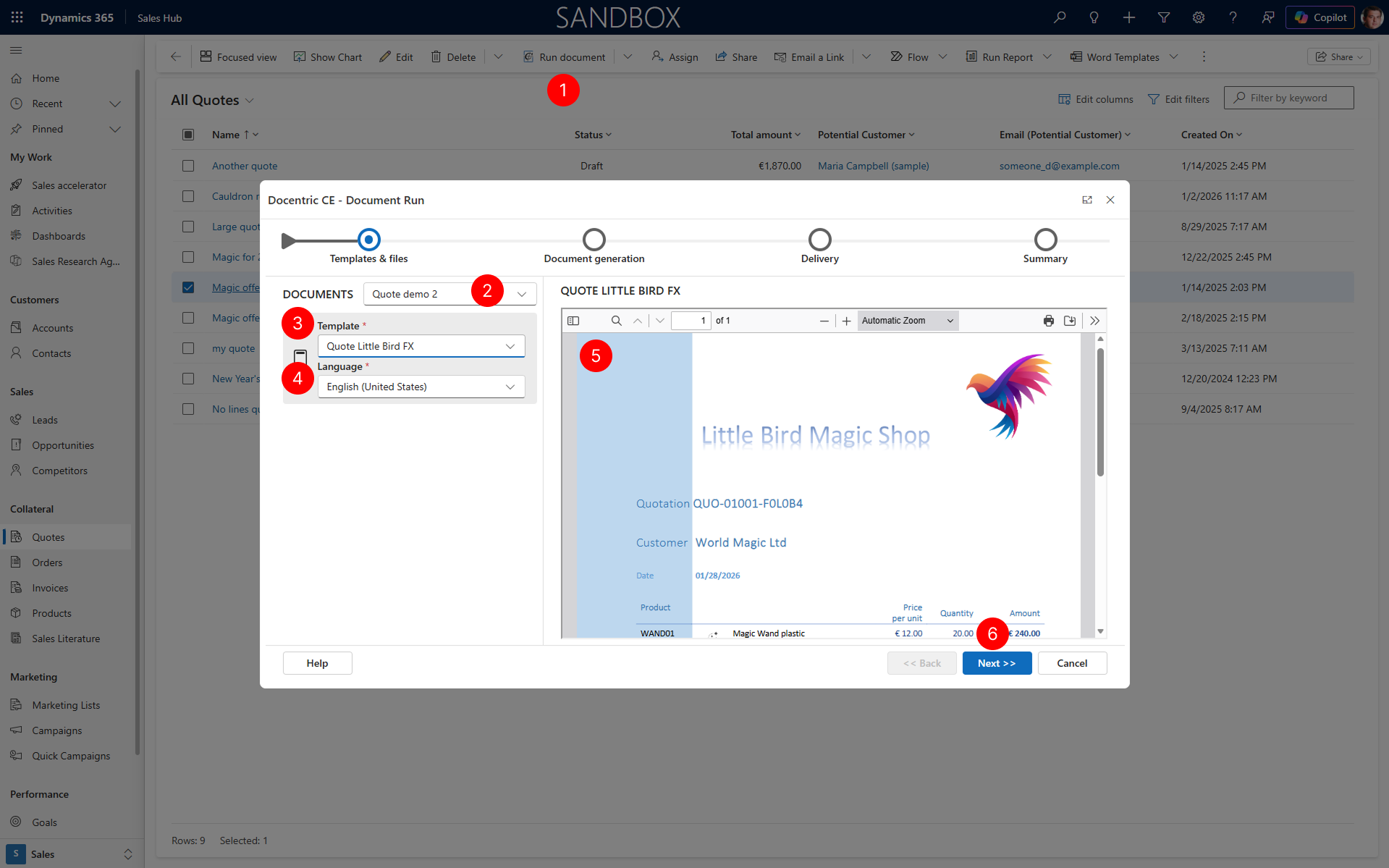 ""Shows select template and language step of document run dialog with template and language fields filled in"