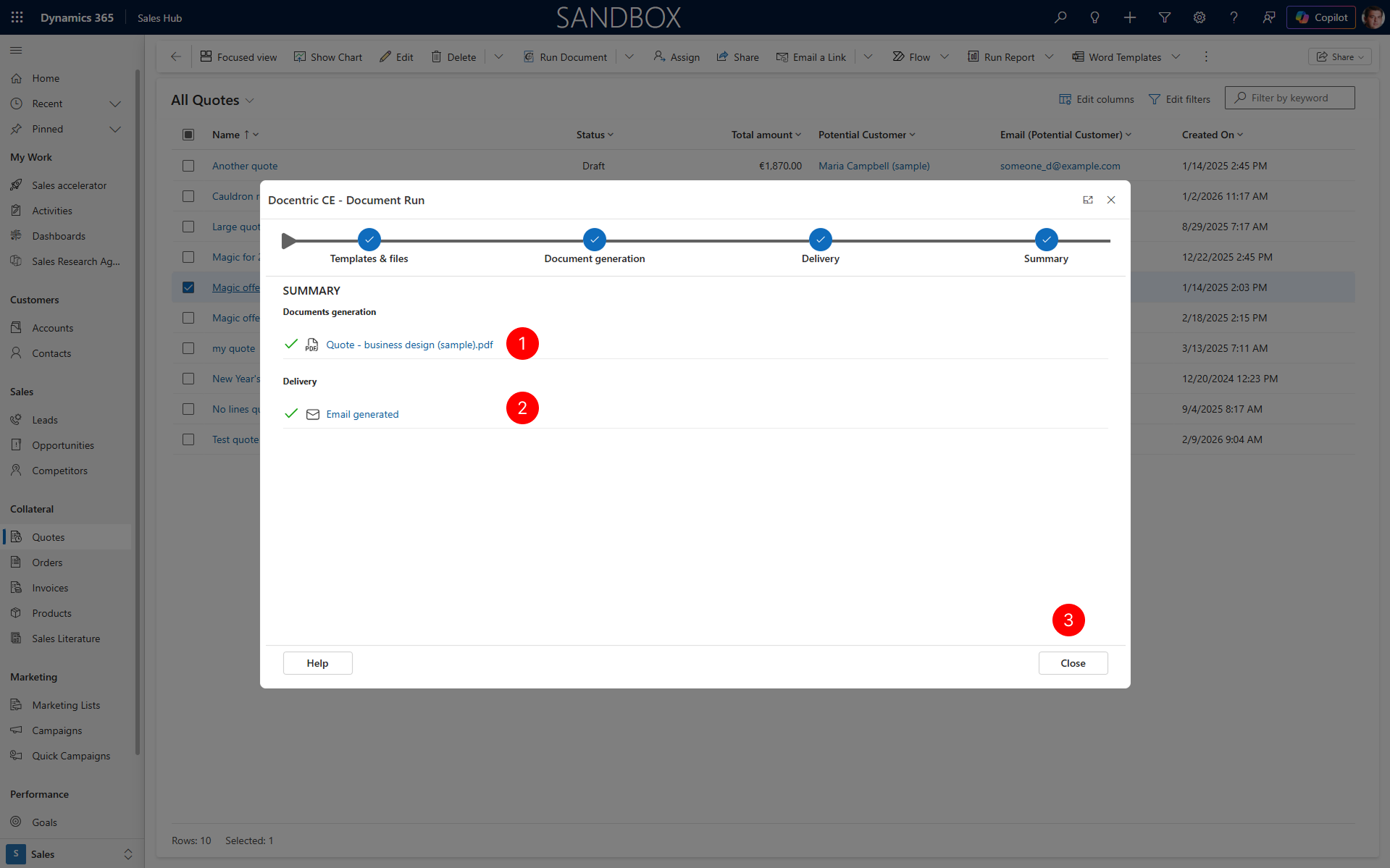 "Shows completed summary step of document run dialog with information on generated document and delivery and close action selected."