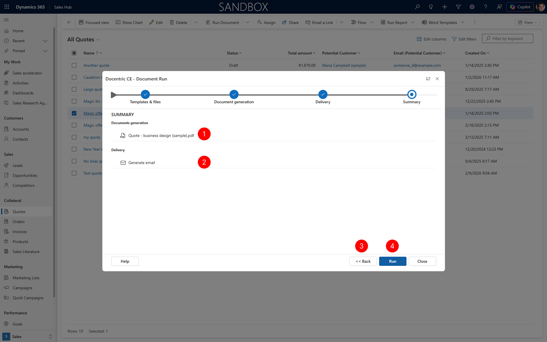 "Shows Summary step of document run dialog with information on generated document and delivery and run action selected."