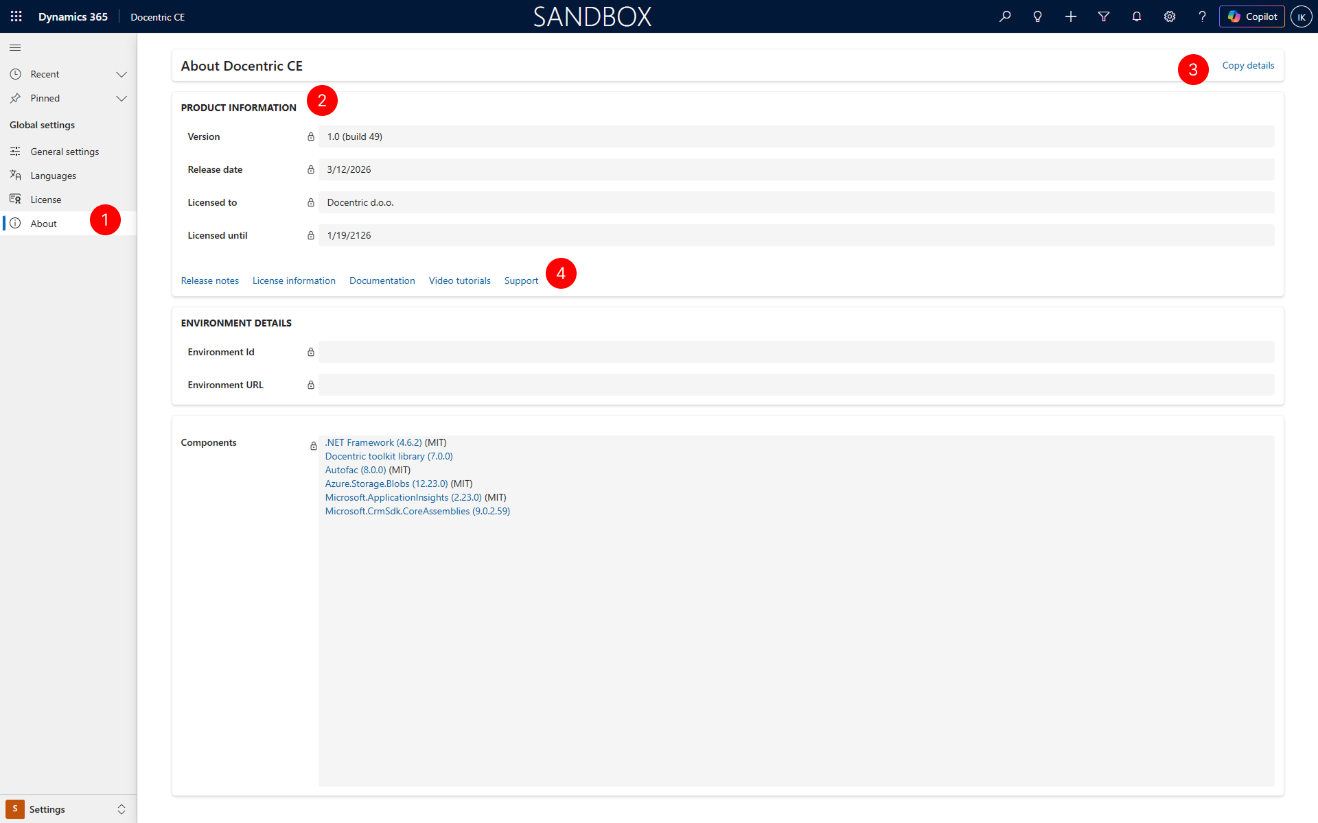 Shows the About Docentric CE page with product information, links, environment details, and components.