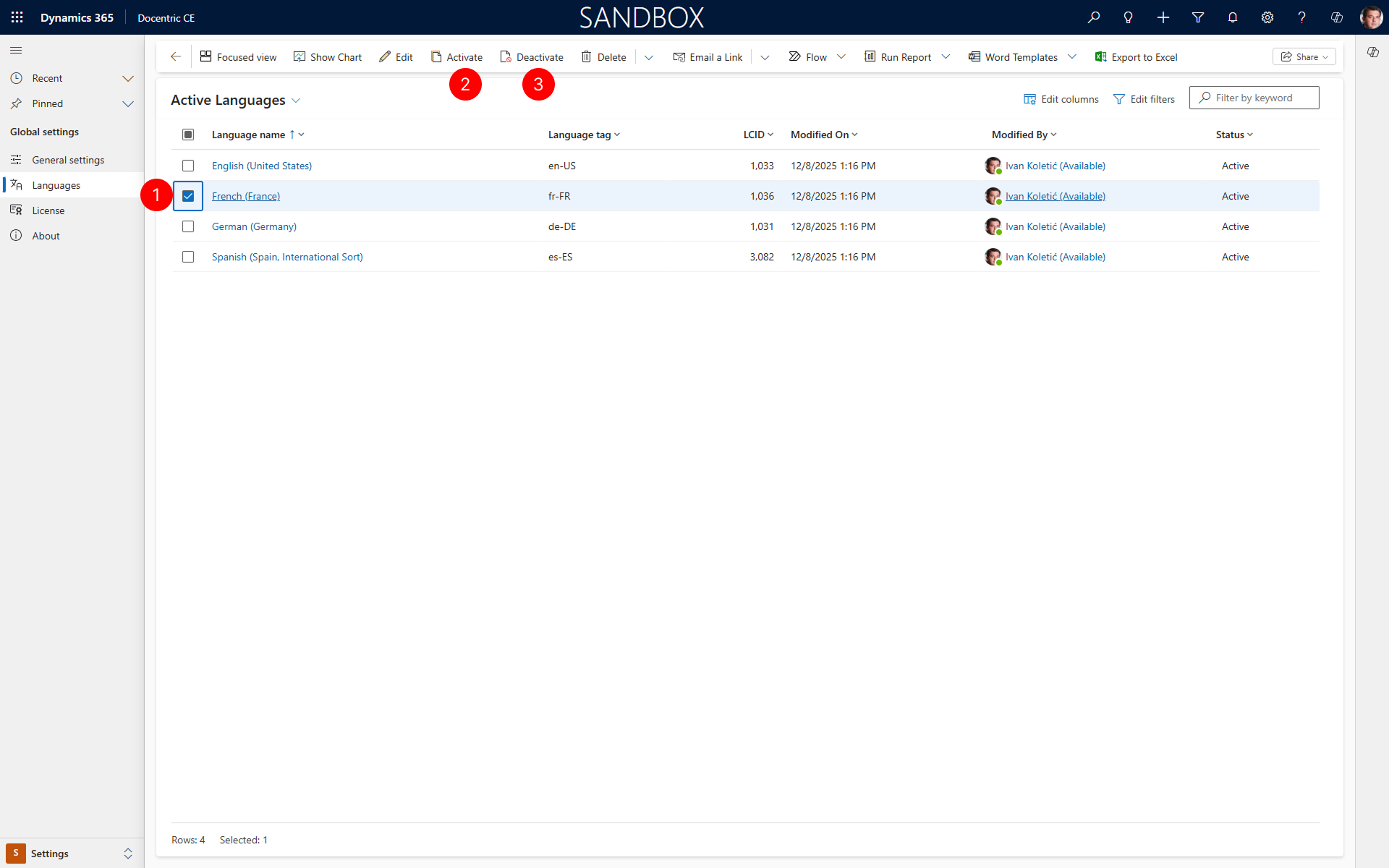Shows the Languages section with a selected language and Activate/Deactivate actions on the command bar.