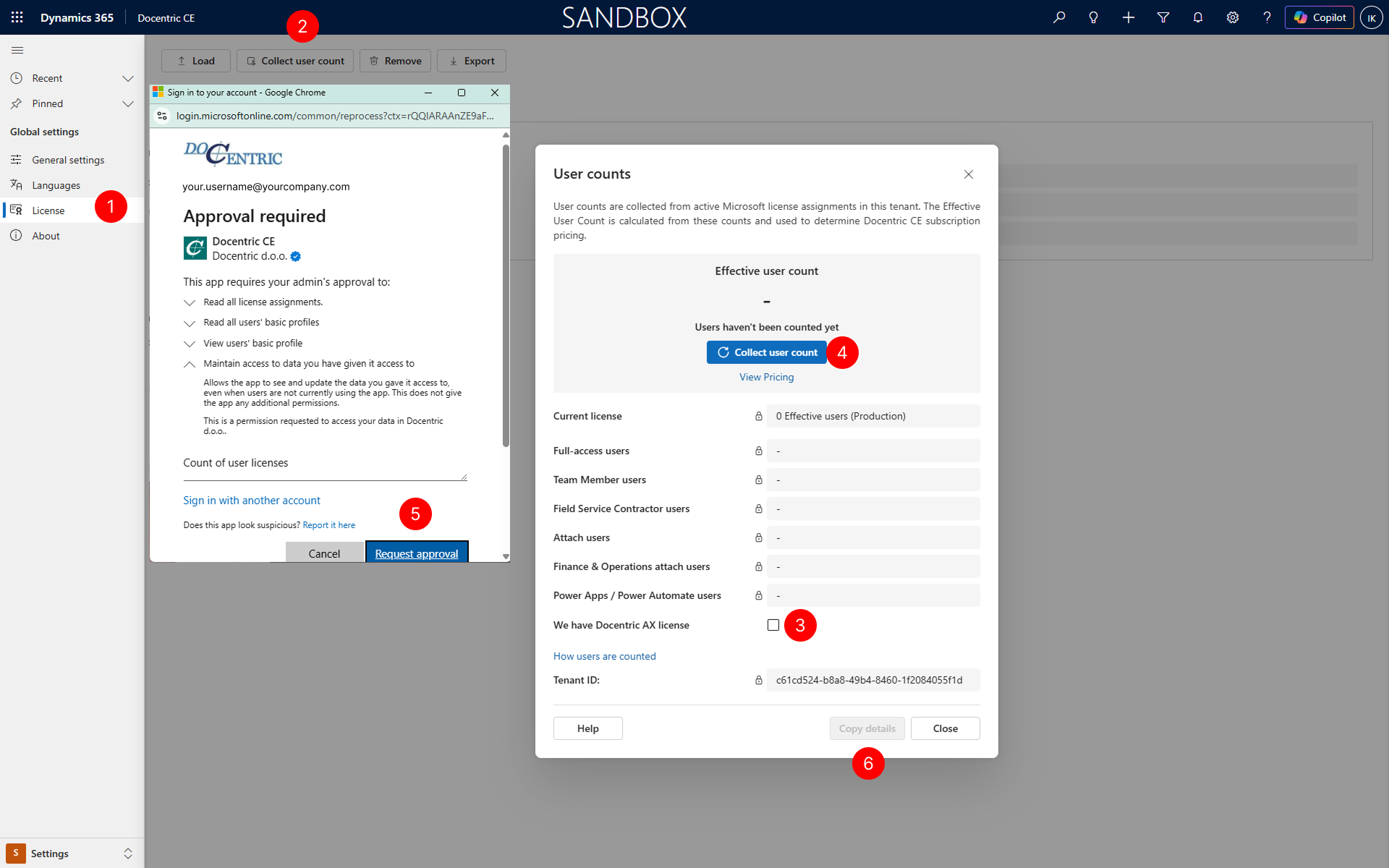 "Shows User counts dialog with Collect user count button."