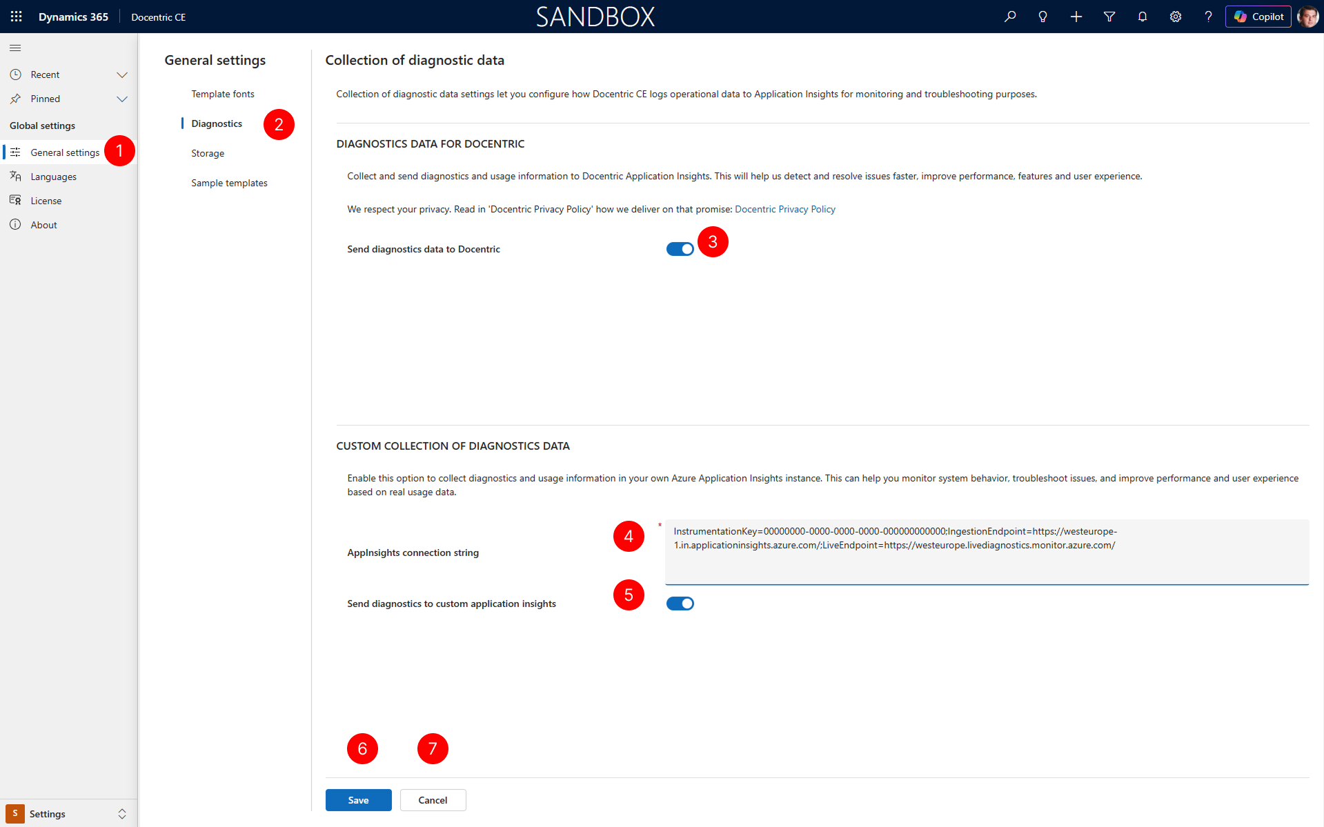 "Shows diagnostics page with Save action focused."