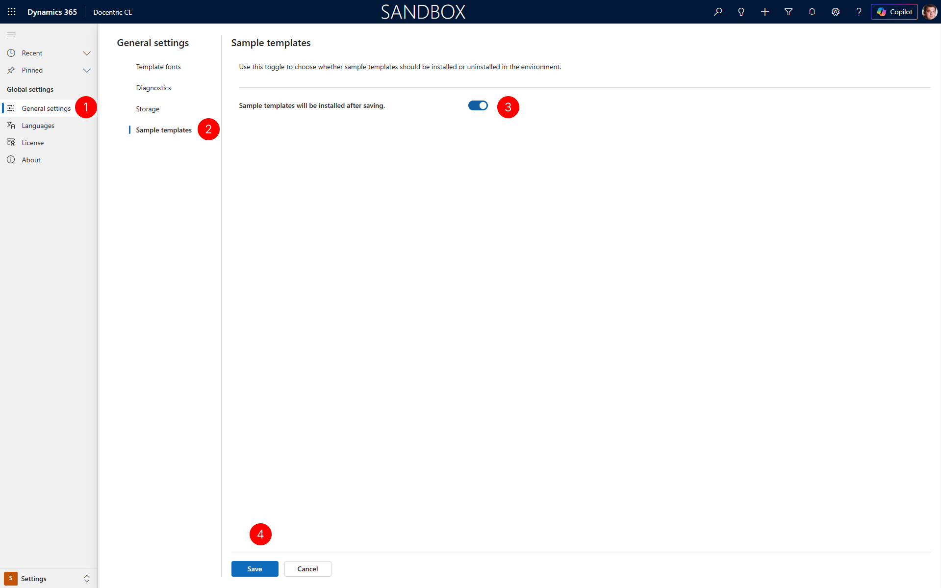 Shows the sample templates installation page with the Install button.