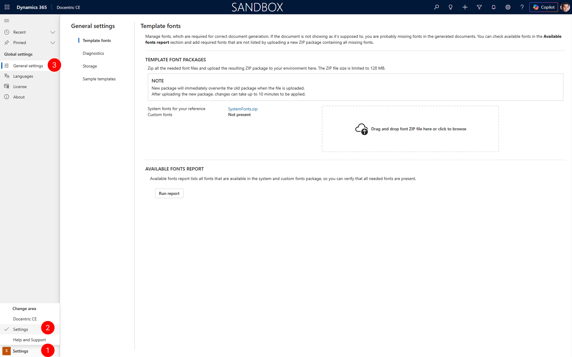 "Shows Settings area picked and General Settings page opened"