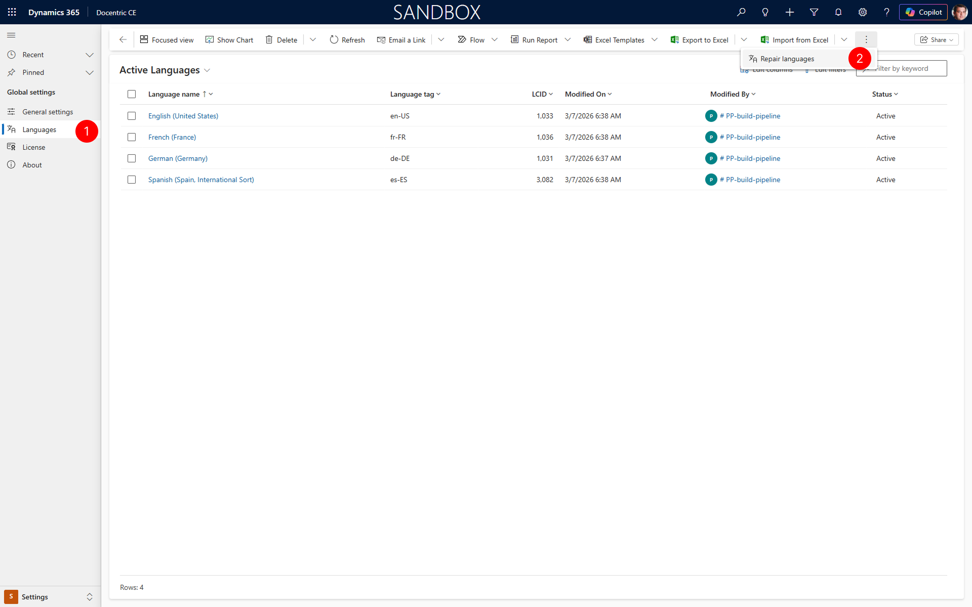 Shows the Settings page with Languages section and Repair Languages action on the command bar.