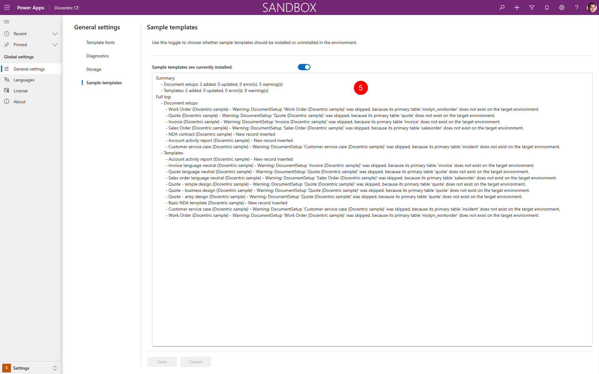 Shows results panel with a summary and full log after save.