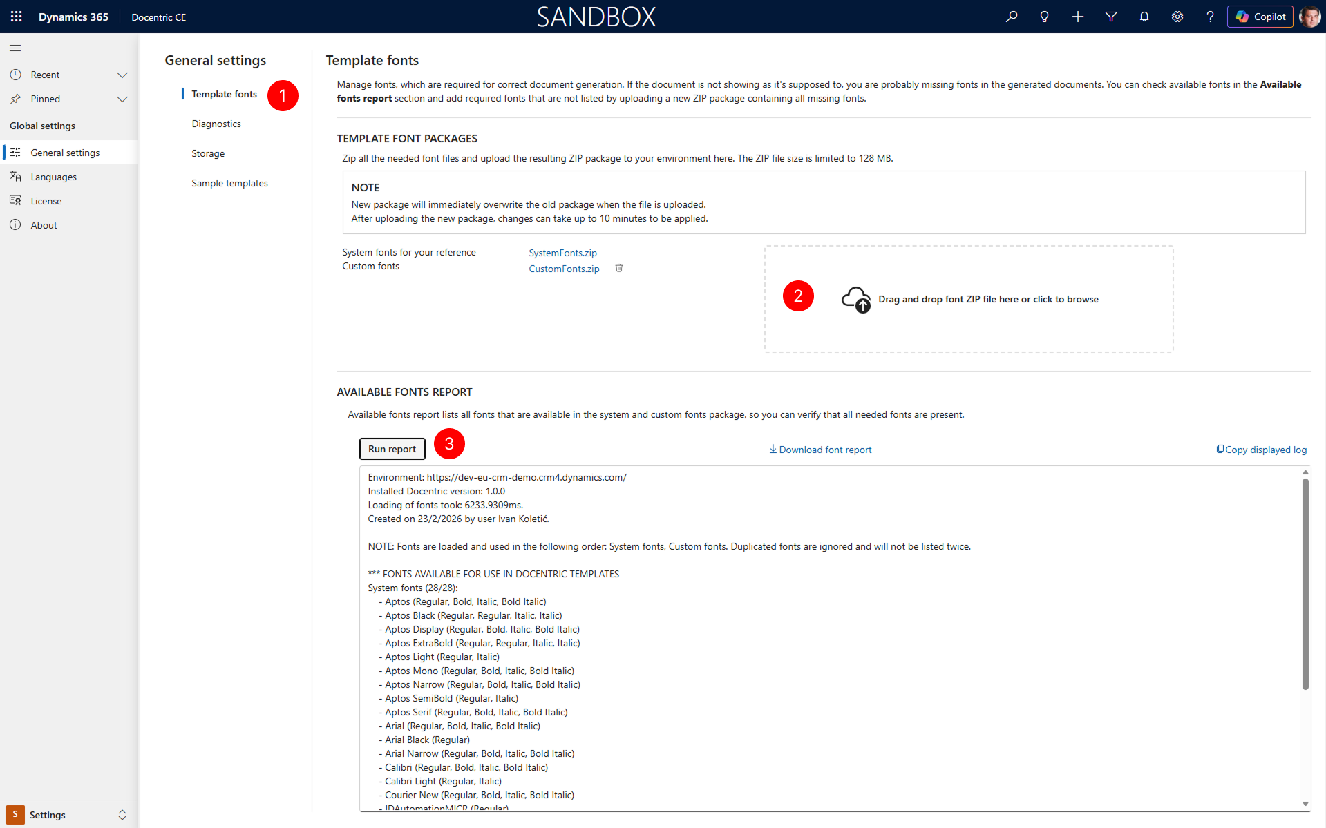 "Shows file drop zone with custom fonts uploaded and available fonts report"